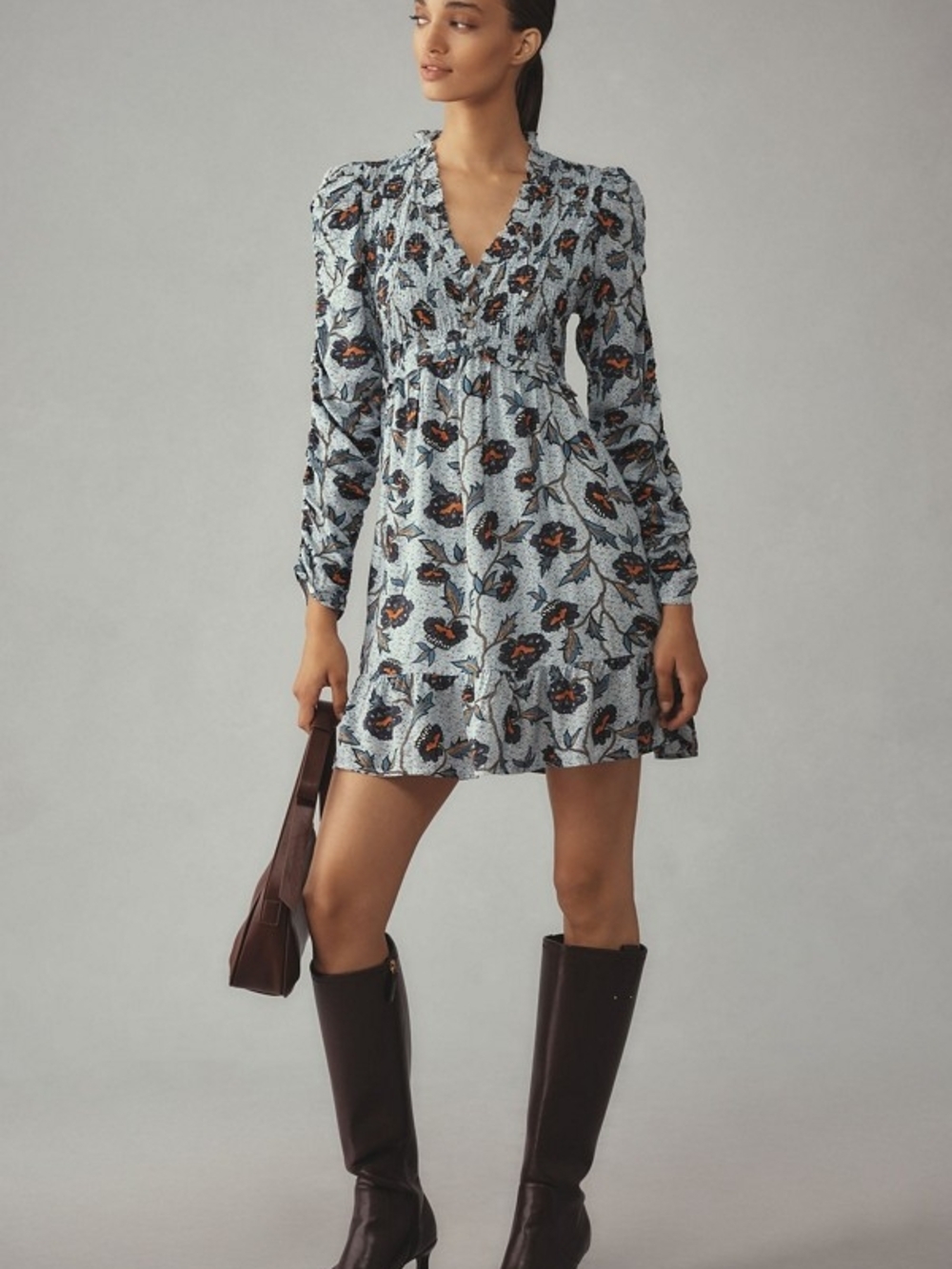 Anthropologie Floral V-Neck Long Sleeve Mini Dress